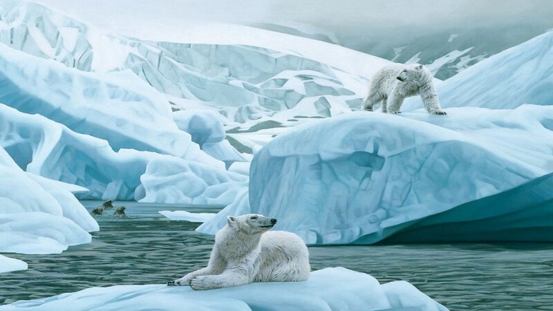 Polar Bears on Ice — White, Cold, Winter, Painting, Icebergs