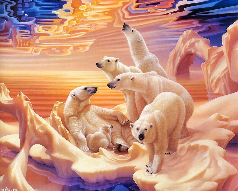 Polar Bears on Ice — White, Dramatic, Sunset, Digital Art