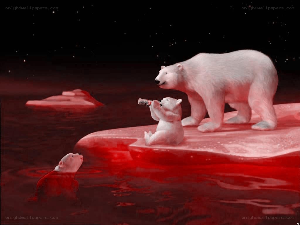 Polar bears on red ice