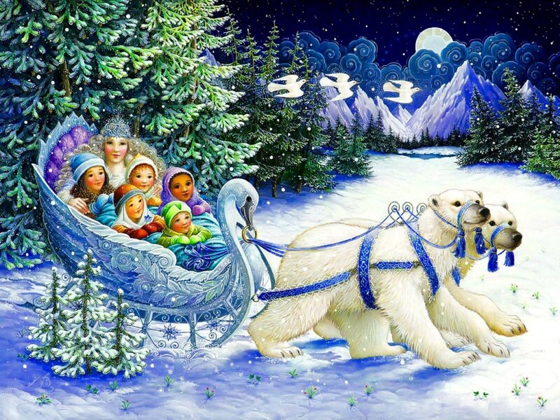 Polar Bears Pulling Sleigh — Blue, Magical