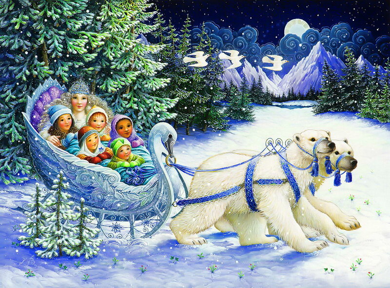 Polar Bears Pulling Sleigh — Blue