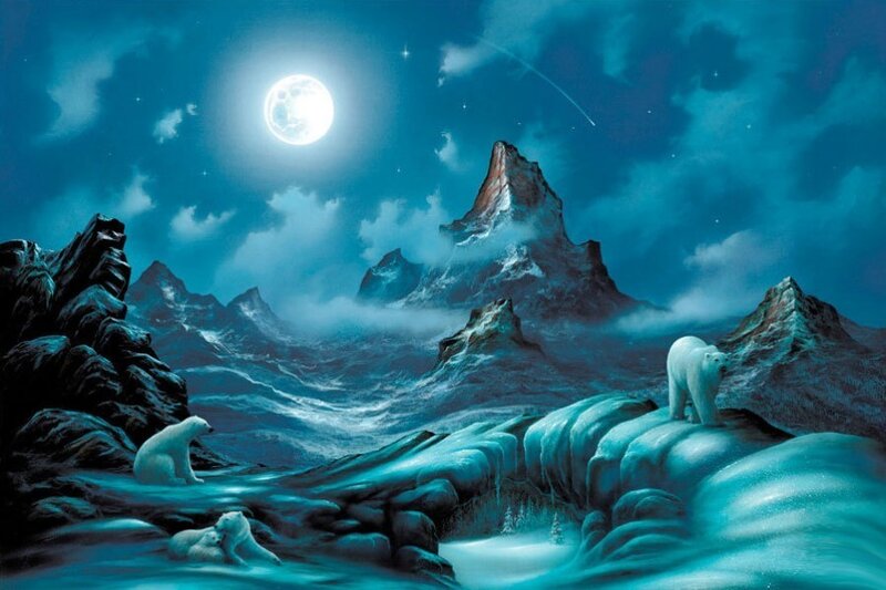 Polar bears under moonlight
