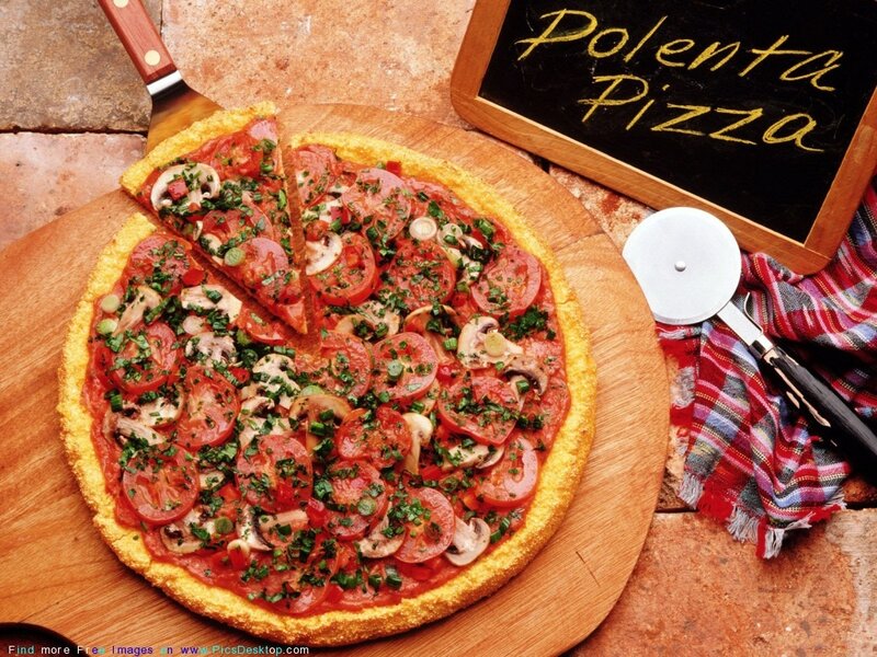 Polenta pizza on wooden board