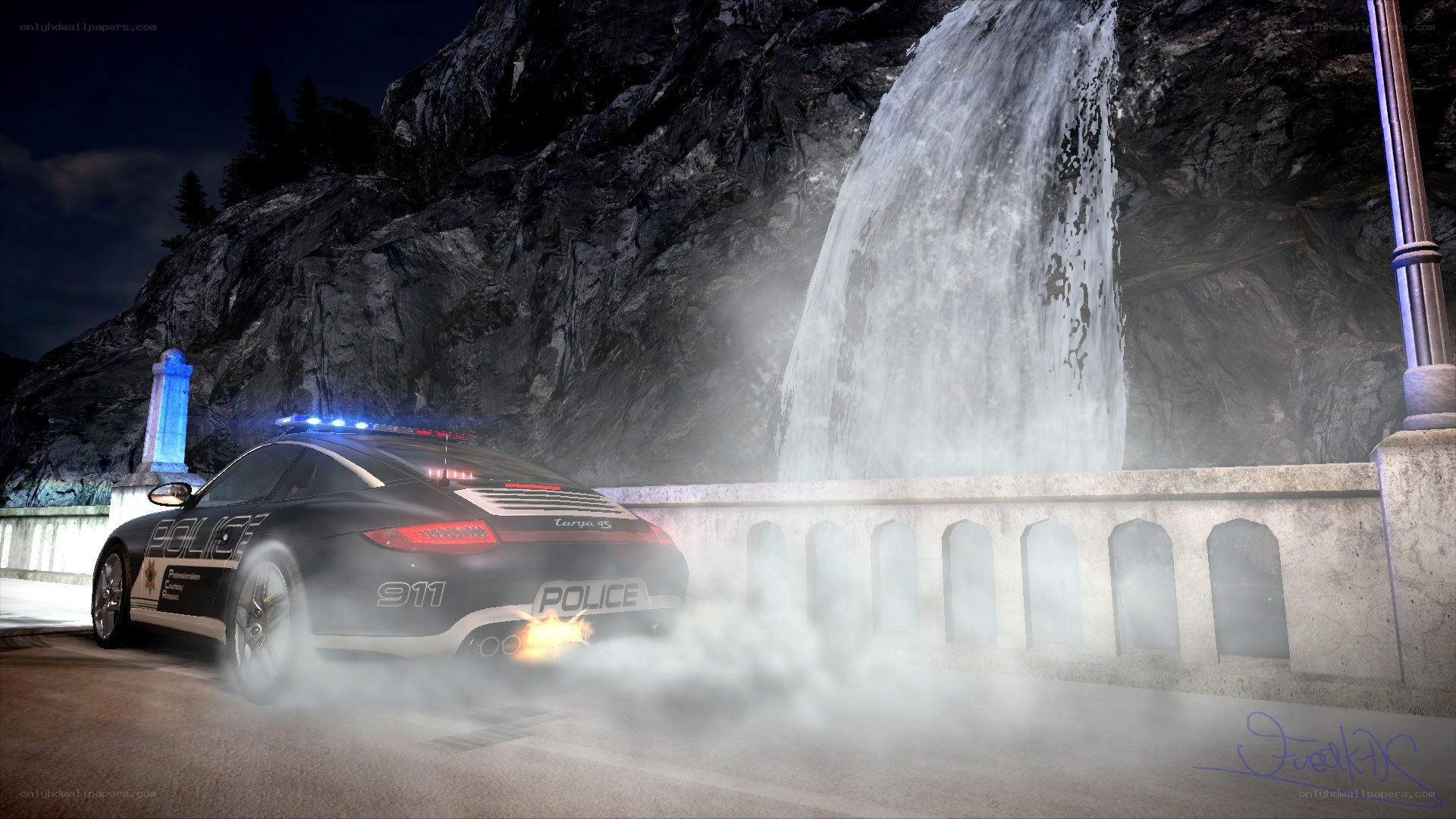 Police car at waterfall