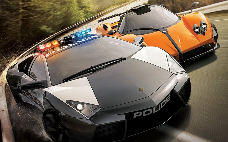 Police Car Chasing Sports Car — Black, Dramatic, Digital Art, Sports Car