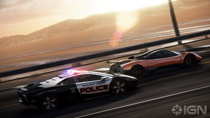 Police Car Chasing Sports Car — Black, Dramatic, Sunset