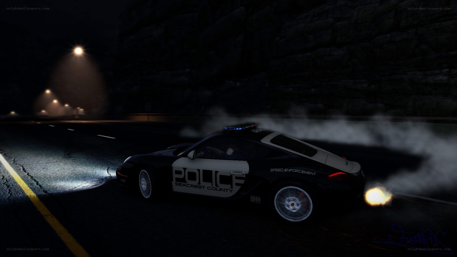 Police car drifting at night