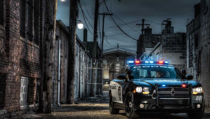Police Car in Alley — Black, Dramatic, Night, Photograph
