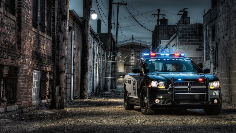 Police Car in Alley — Black, Dramatic, Night