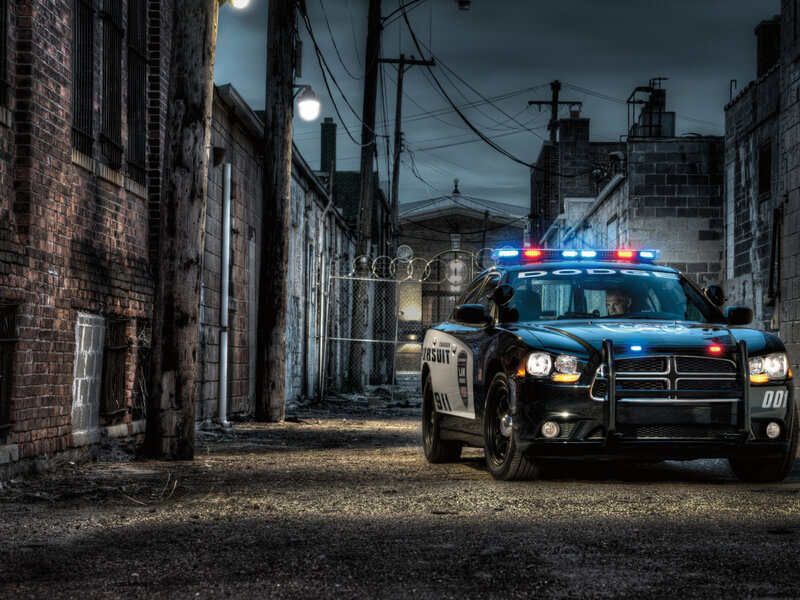 Police Car in Alley — Black, Dramatic