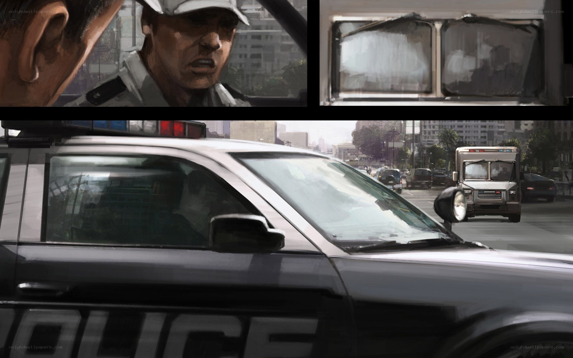 Police car in city traffic