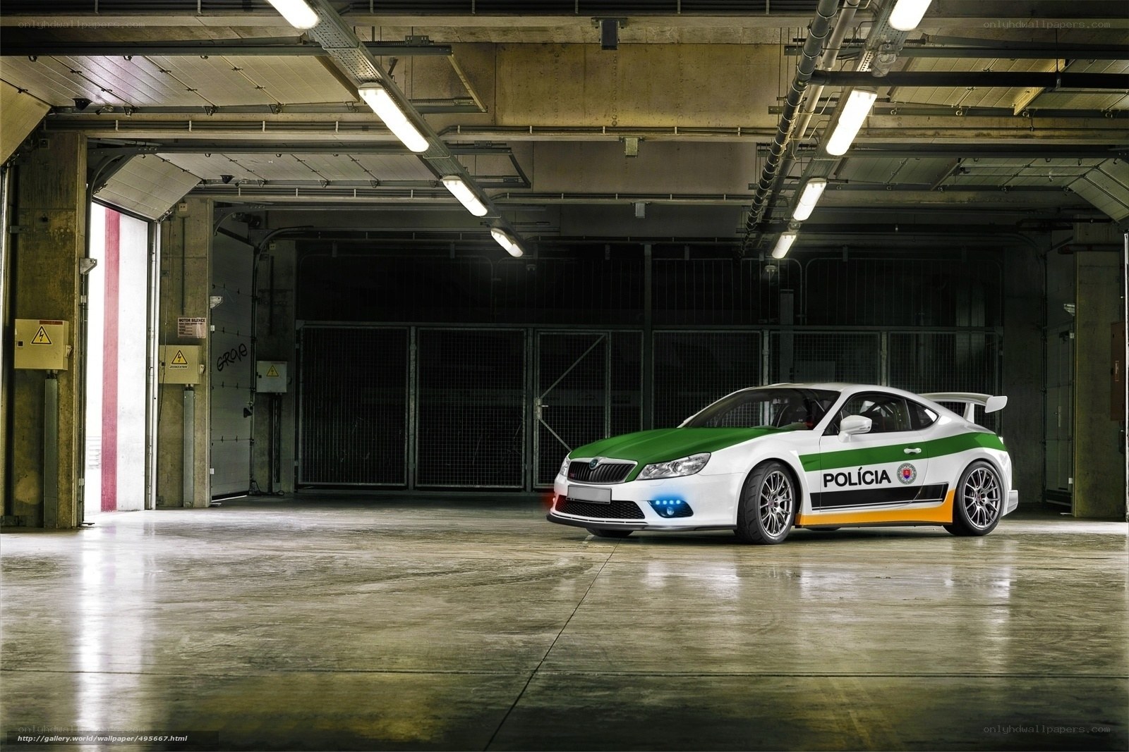 Police car in garage