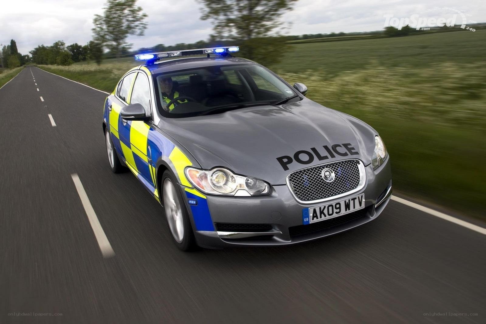 Police car in motion on road