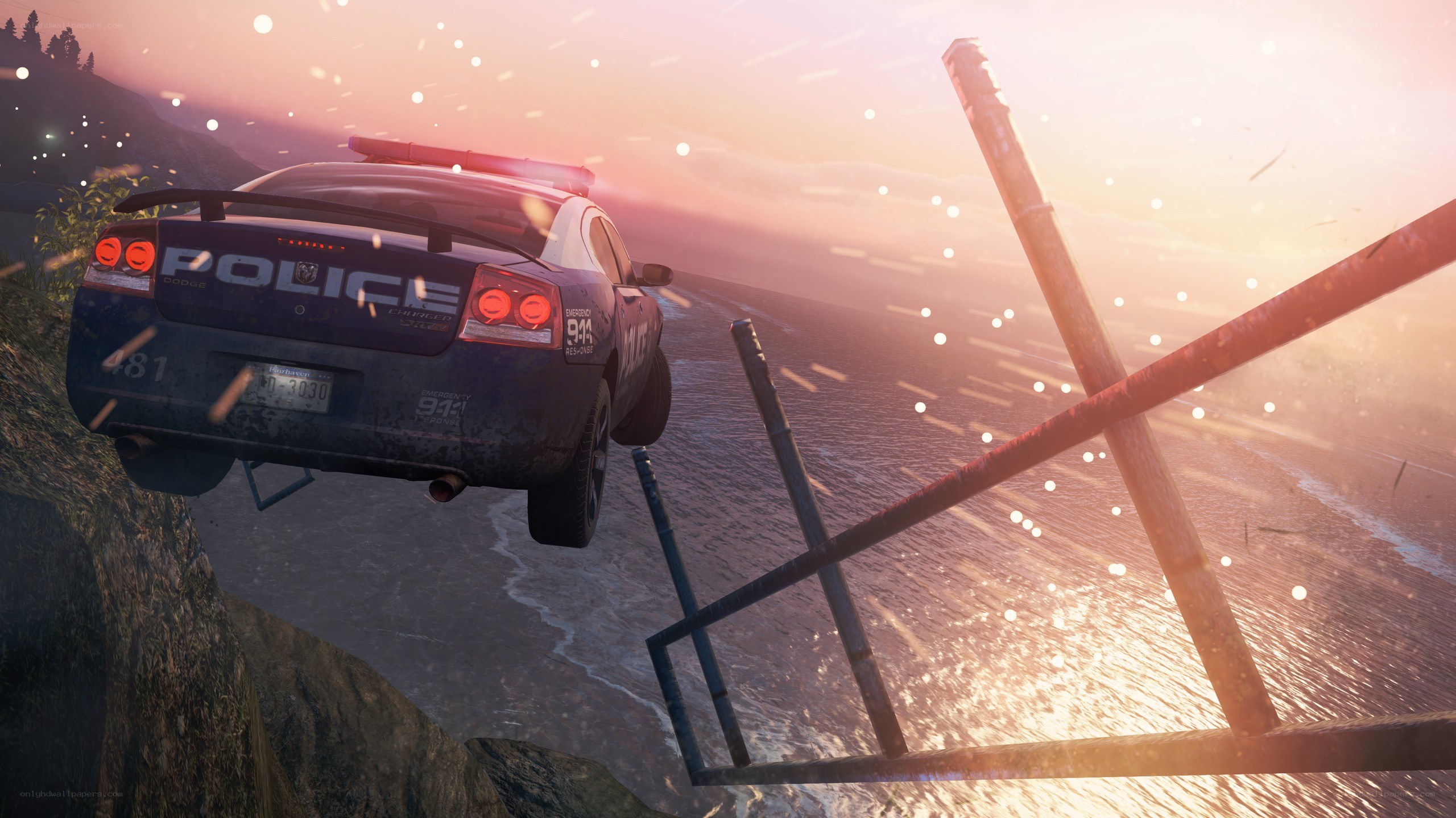 Police car jumping cliff