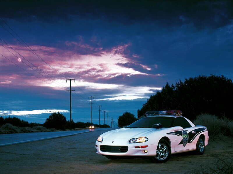 Police car on a road at dusk
