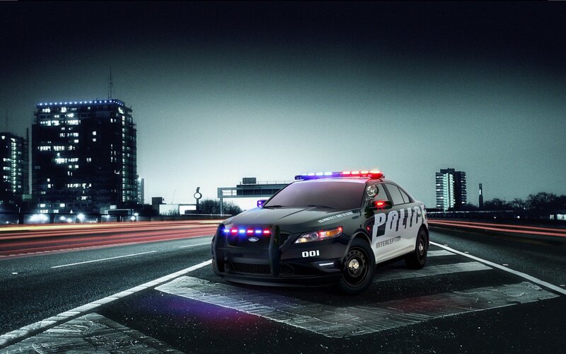 Police Car on Road — Black, Dramatic, Night, 3d Render, City Skyline, Lights