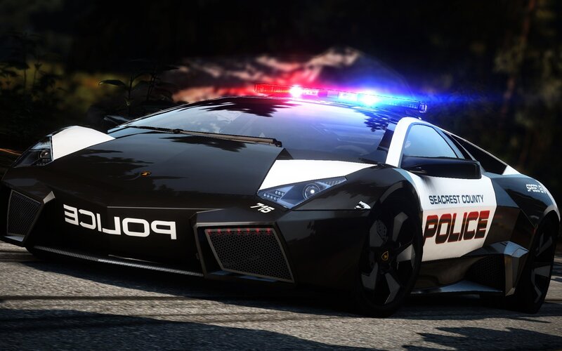 Police Car on Road — Black, Dramatic, Night, 3d Render, Lights, Trees