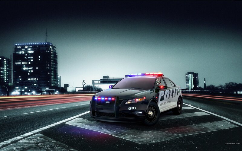 Police Car on Road — Black, Dramatic, Night, Photograph, City Skyline