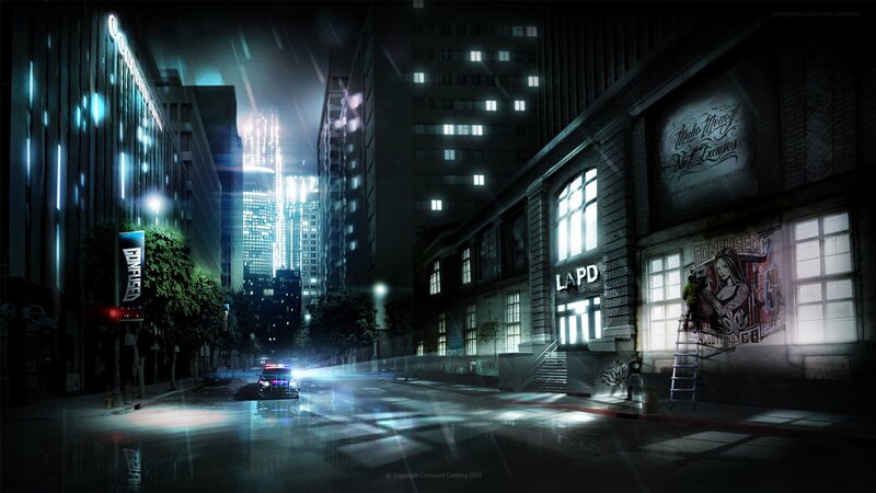 Police Car on Wet Street — Black, Dark