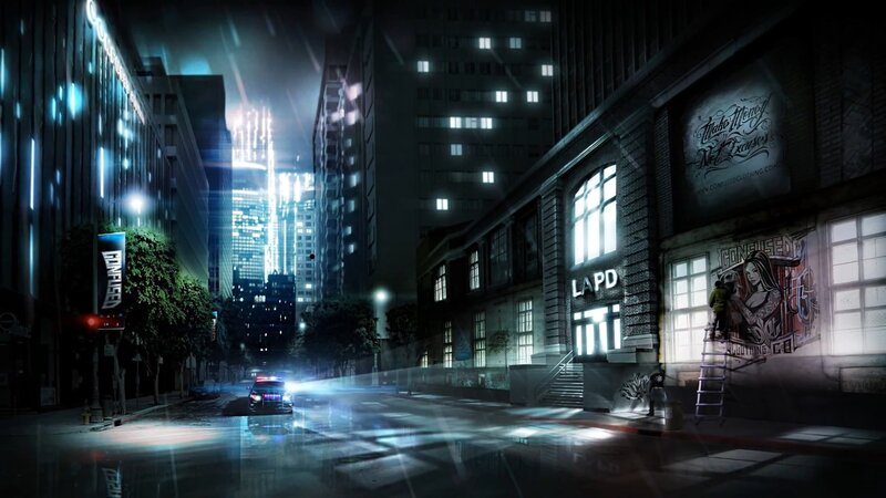 Police Car on Wet Street — Black