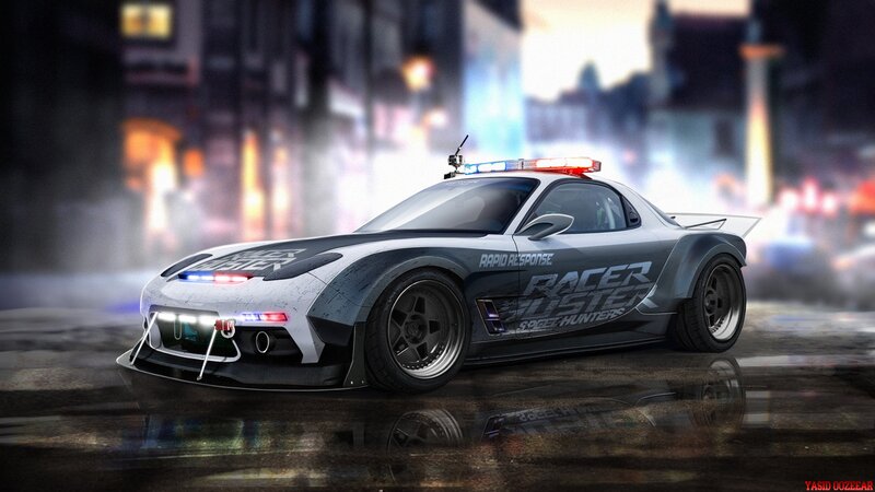 Police Car on Wet Street — Gray, Dramatic