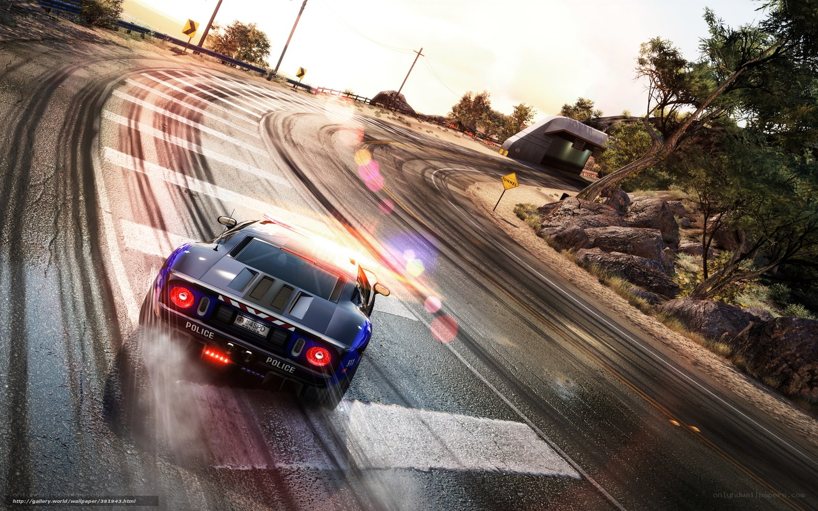 Police car racing on winding road