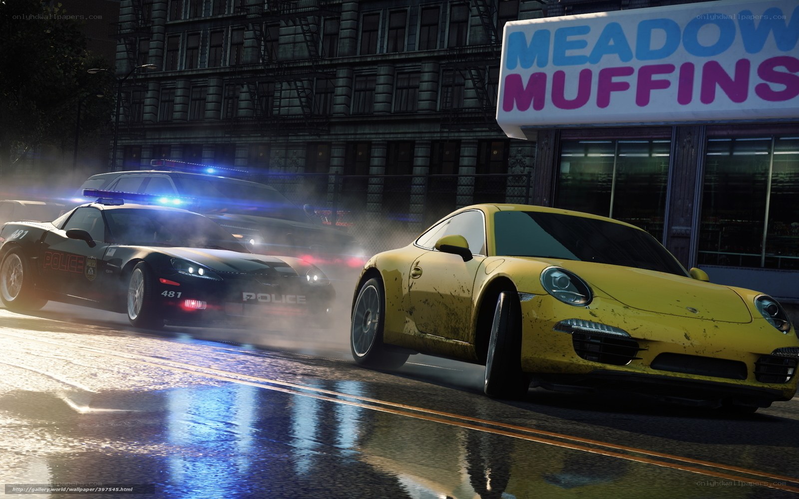 Police chase in rainy city