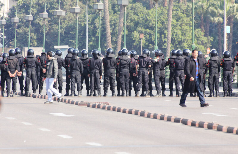 Police line on a city street