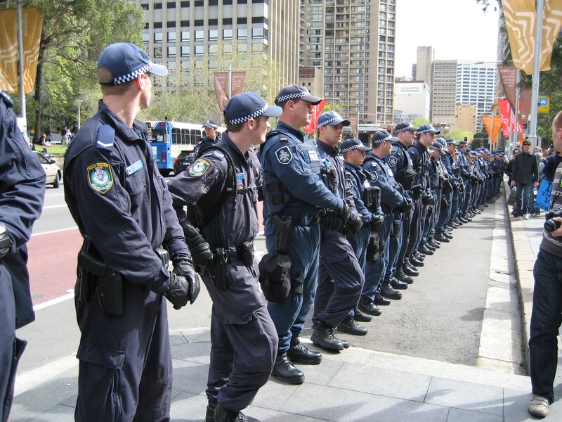 Police line on city street