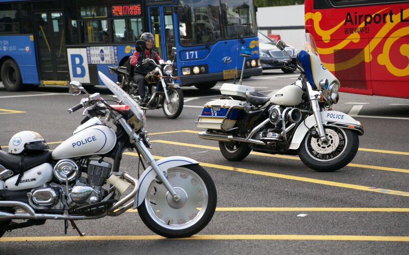 Police motorcycles on city street