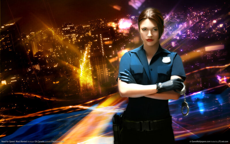 Police officer in city at night