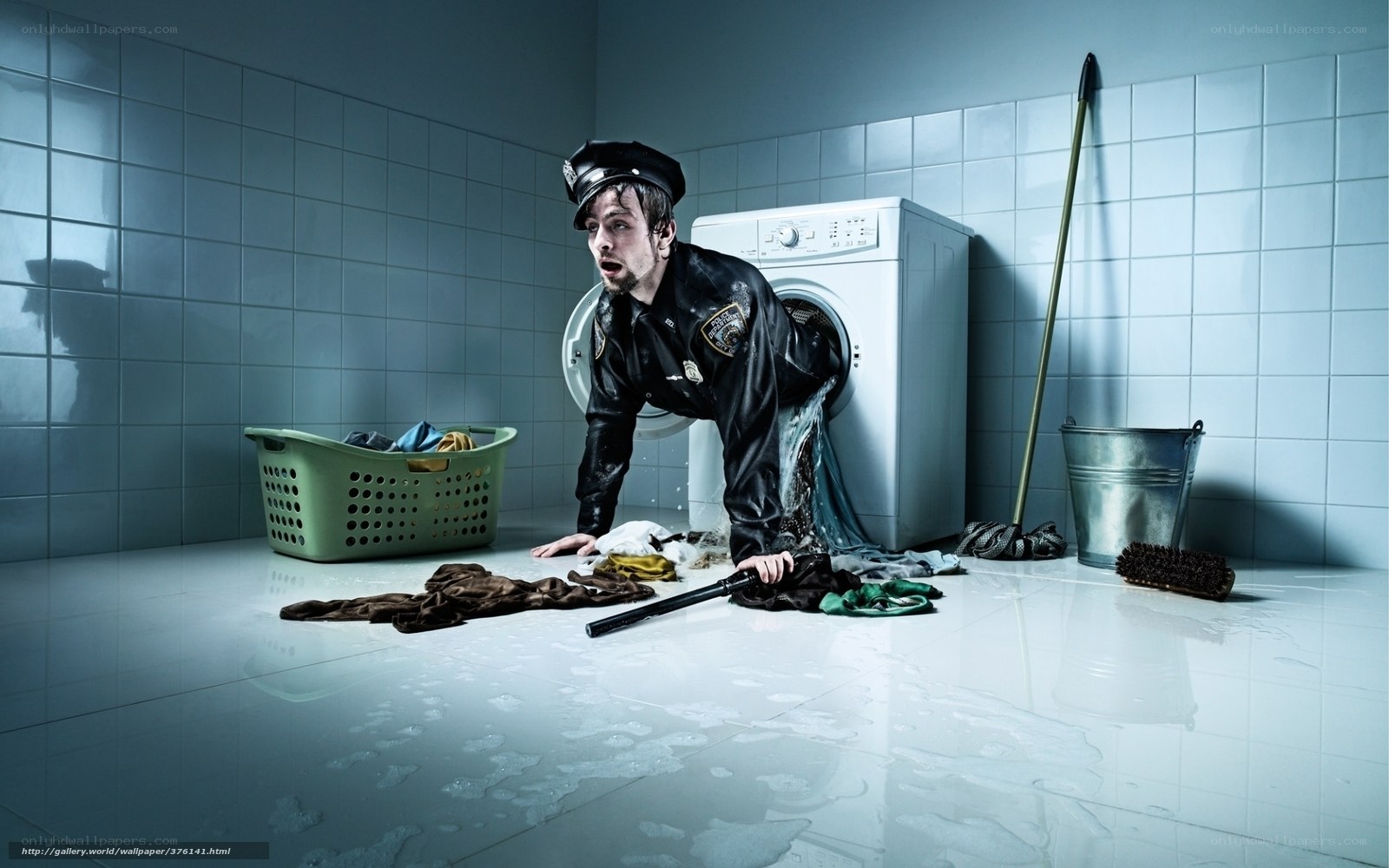 Police officer in laundry room