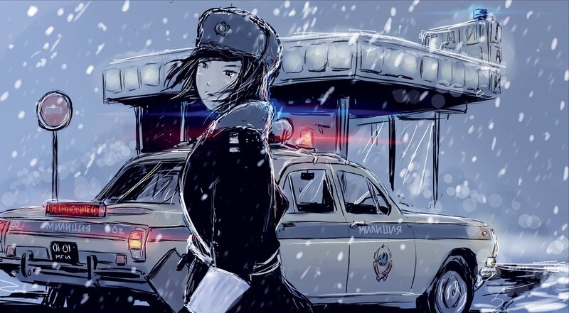 Police officer in snowy night