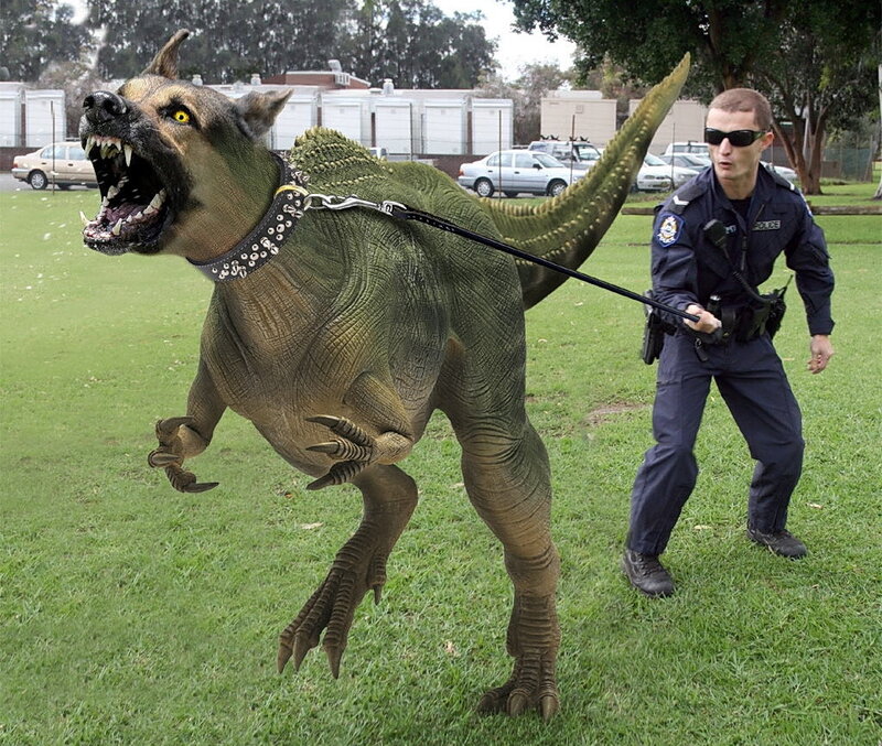 Police officer with dinosaur dog