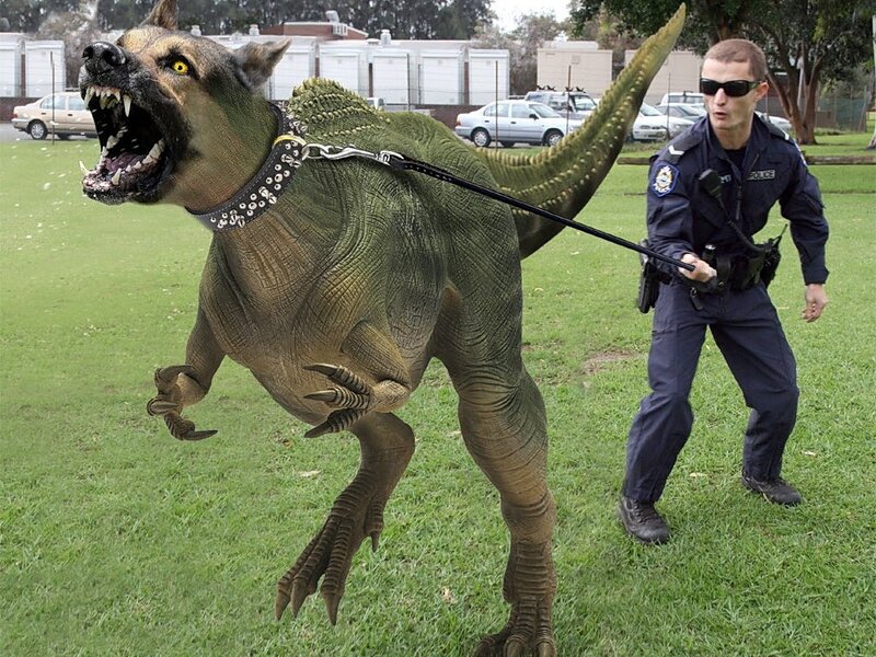 Police officer with dinosaur dog