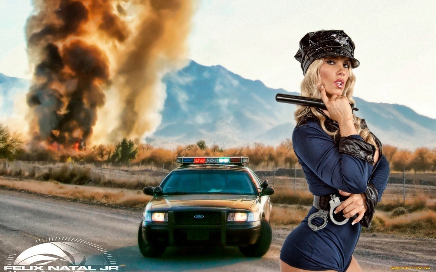 Police officer with explosion in background