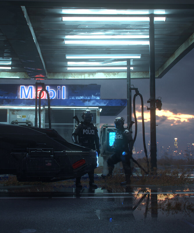 Police Officers at Gas Station — Blue