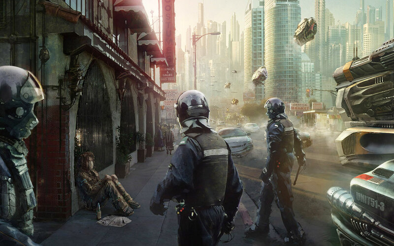 Police Officers on Street — Gray, Dramatic