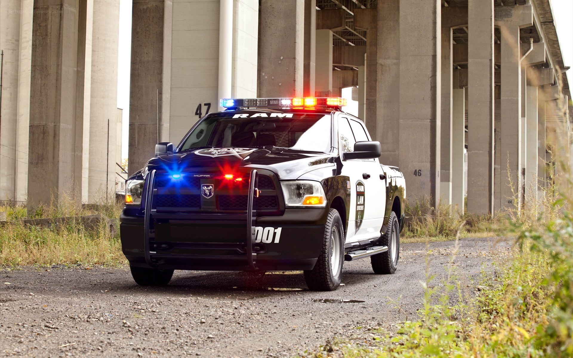 Police Ram pickup truck under bridge