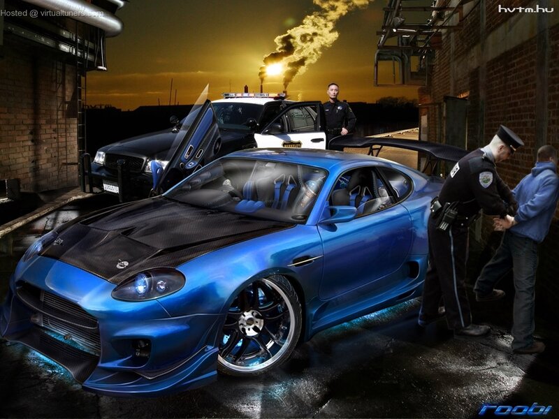 Police stop a blue sports car