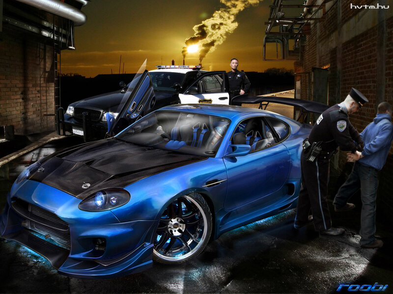 Police stop a blue sports car