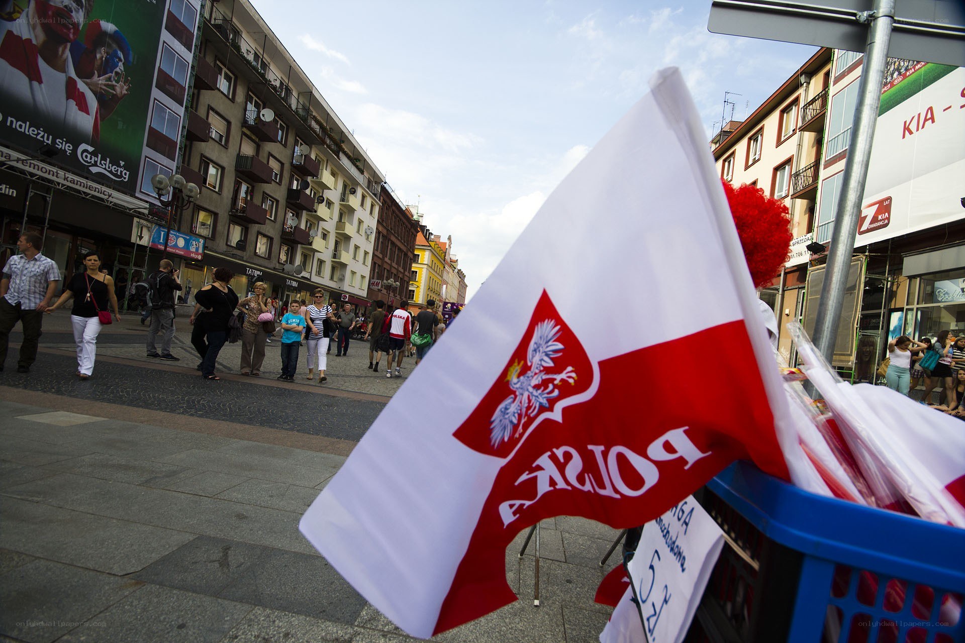 Polish flags on a city street