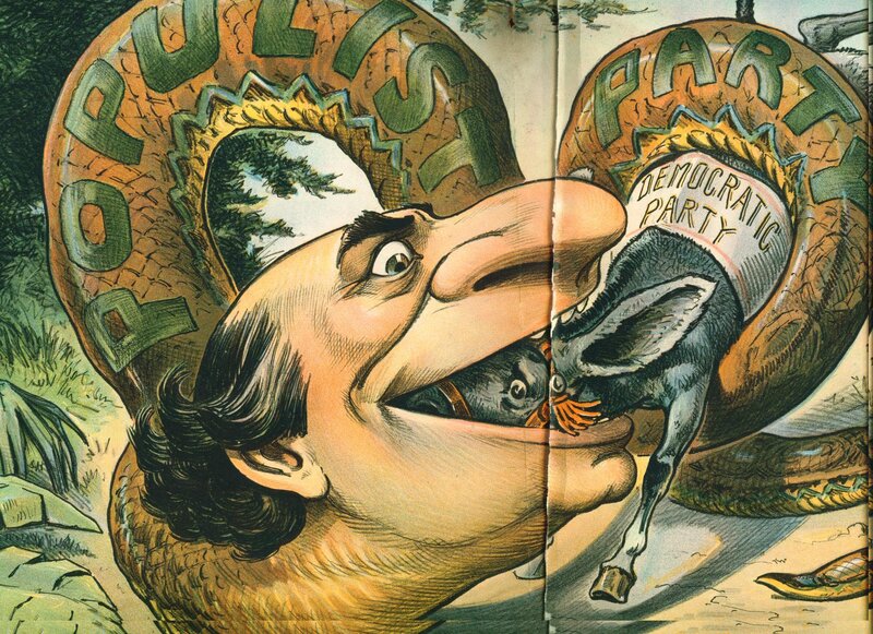 Political cartoon of a man eating a donkey