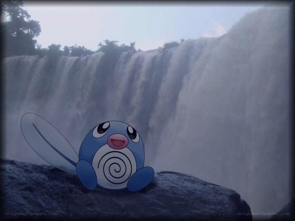 Poliwag by a waterfall