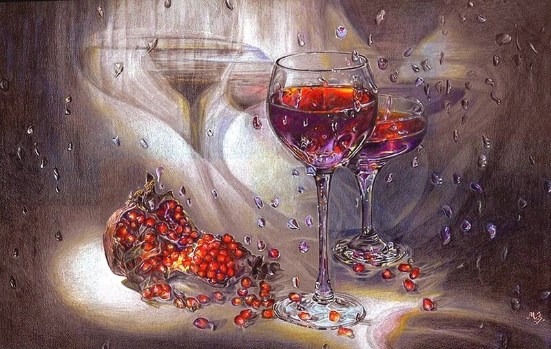 Pomegranate and Wine Glasses — Red, Dramatic, Illustration