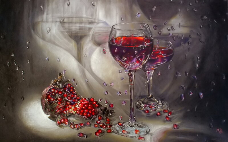 Pomegranate and Wine Glasses — Red, Dramatic, Painting