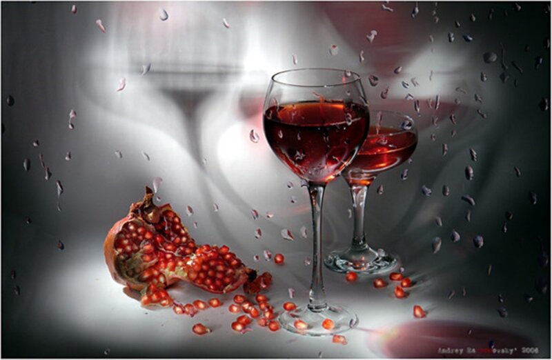 Pomegranate and Wine Glasses — Red, Dramatic
