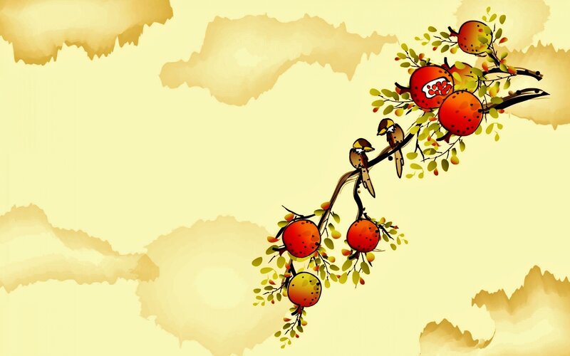 Pomegranate Branch with Birds