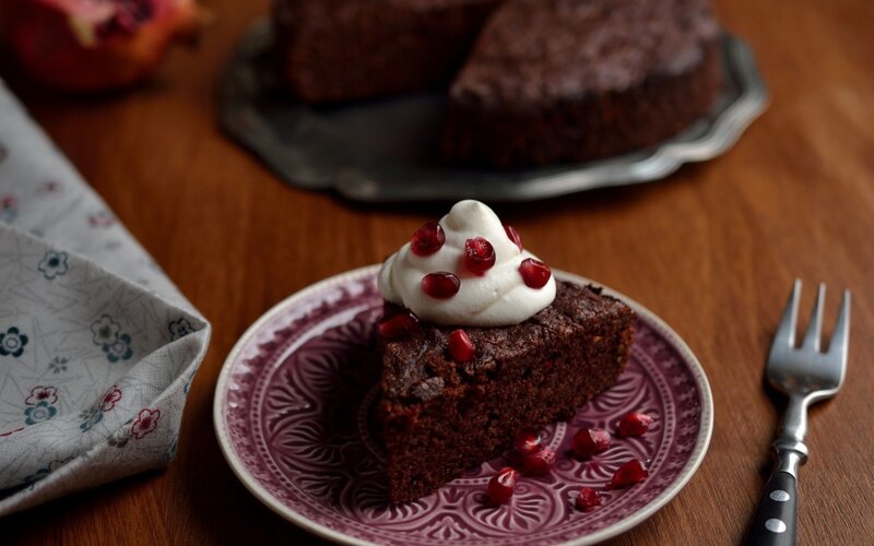Pomegranate chocolate cake slice