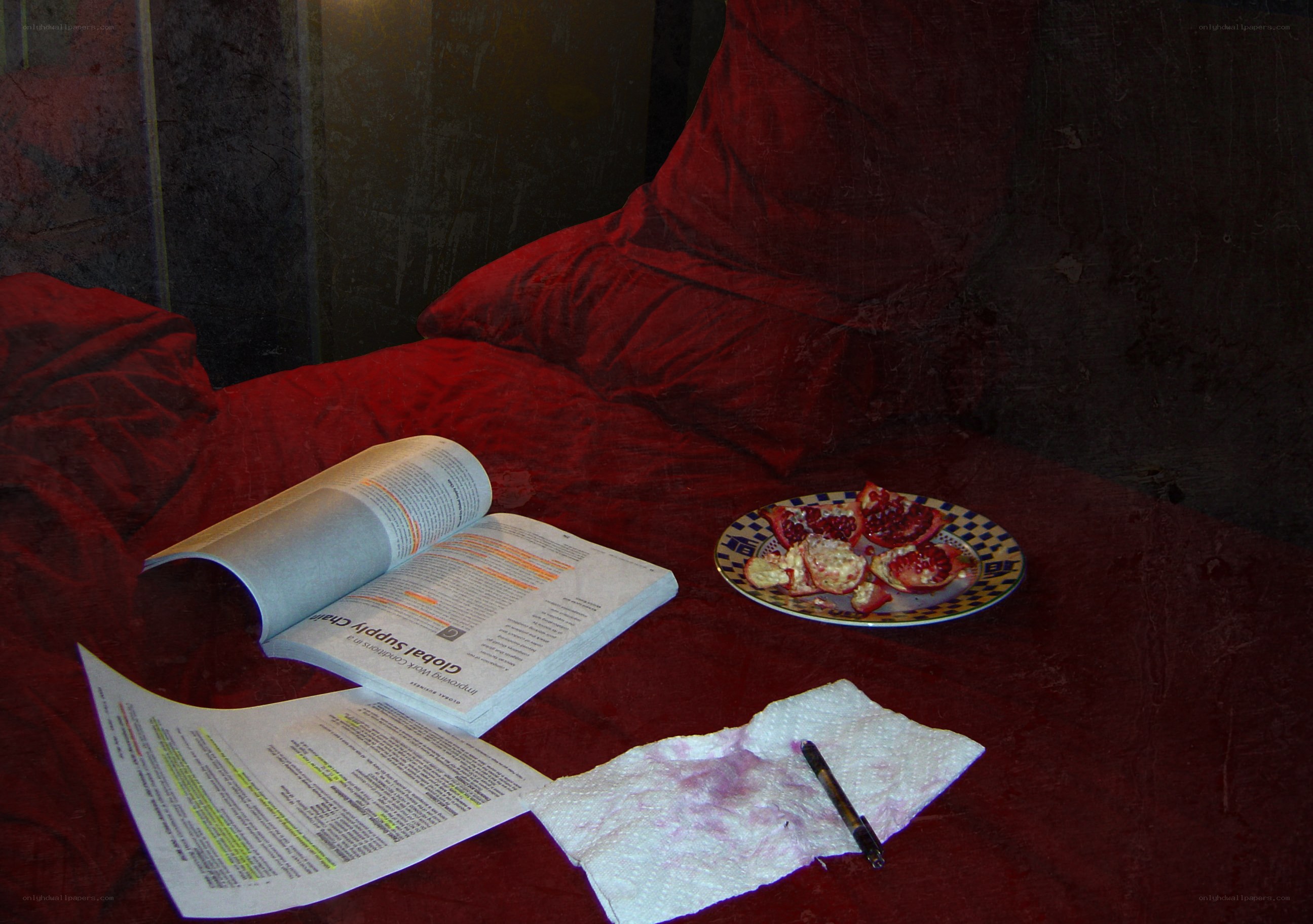 Pomegranate on a bed with book